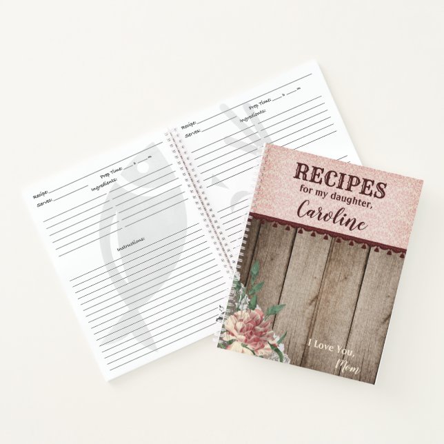 Recipes For Daughter Personalised Floral Wooden Notebook (Inside)