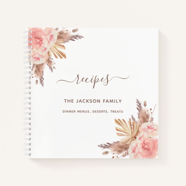 Recipes pampas grass blush pink floral family notebook (Front)