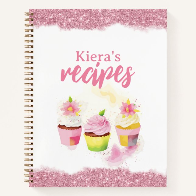 Recipes Pink Glitter Cupcake Personalised Notebook (Front)