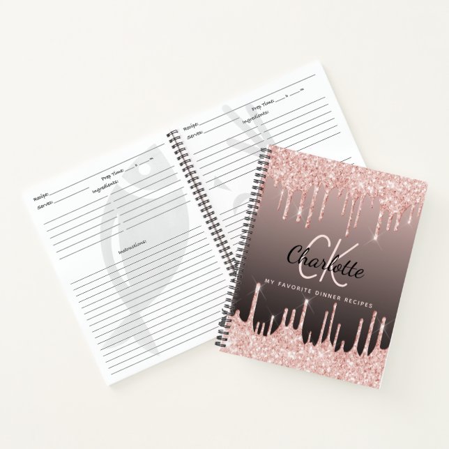 Recipes rose gold drips black monogram notebook (Inside)