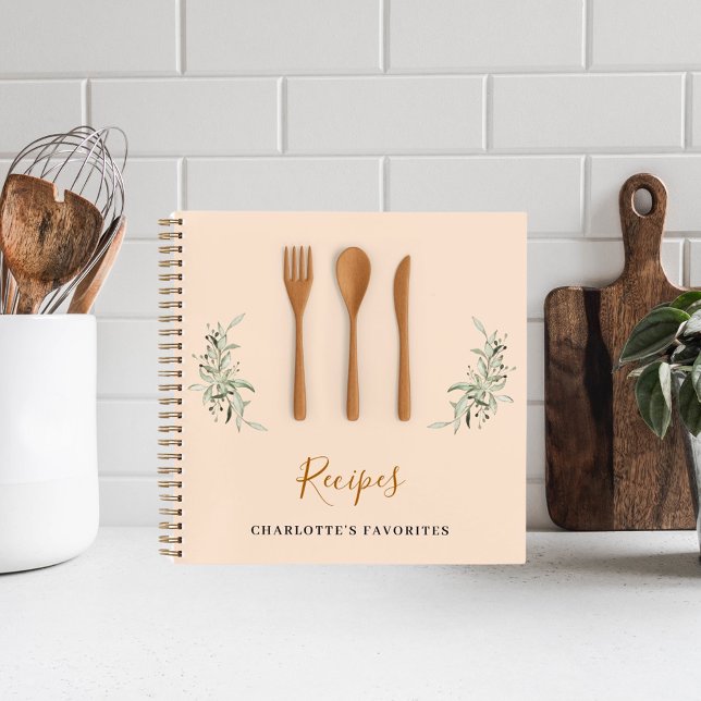 Recipes wooden kitchen utensils greenery cookbook notebook (Creator Uploaded)