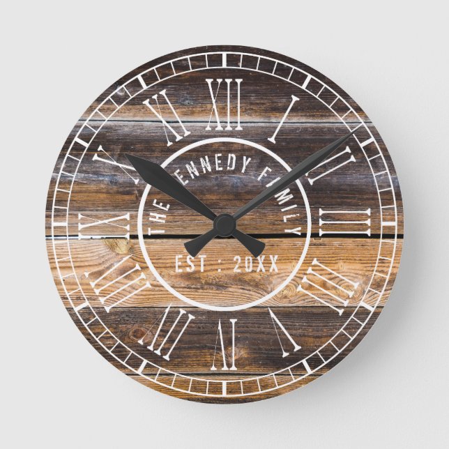 Reclaimed Wood Farmhouse White Roman Numerals Round Clock (Front)