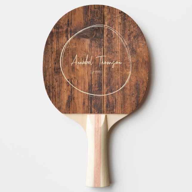 Reclaimed Wood Name in Drawn Circle  Ping Pong Paddle (Front)