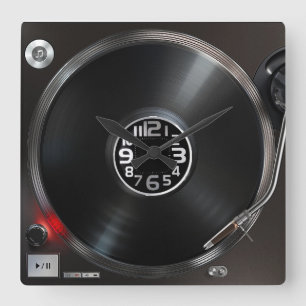 record and turntable square wall clock