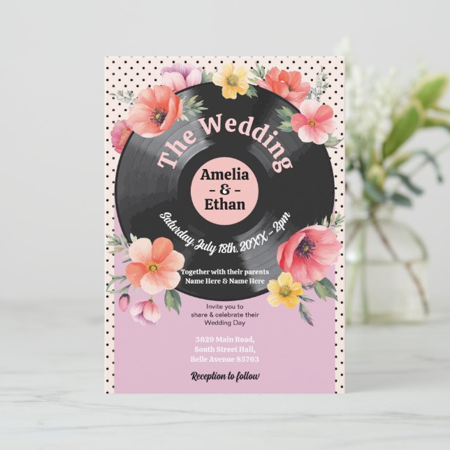 Record Music Wedding Floral 1950s Flowers Invitation (Standing Front)