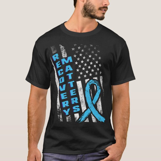 Recovery Matters, USA American Flag, Blue Ribbon, T-Shirt (Front)