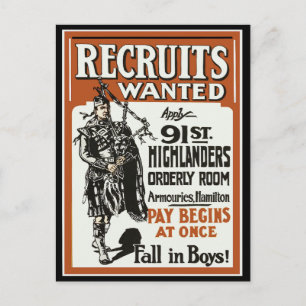 Recruitment 91st Highlanders Bagpiles WWI Postcard