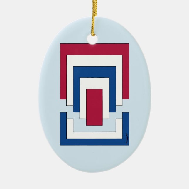 Rectangle Abstract in Red, White, and Blue  Ceramic Tree Decoration (Front)