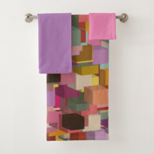 Rectangle Block And Stripe Design In Multicolore Bath Towel Set