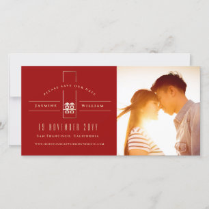 Rectangle Double Happiness Chinese Wedding Photo Save The Date