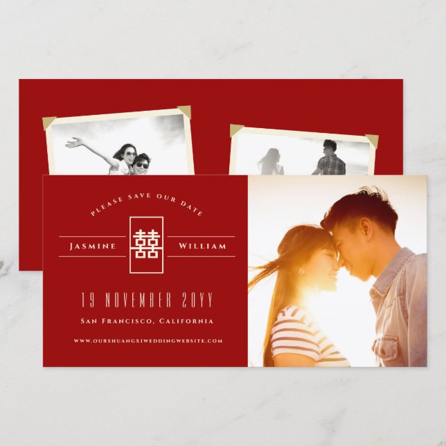 Rectangle Double Happiness Chinese Wedding Photo Save The Date (Front/Back)