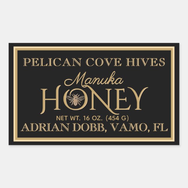 Rectangle Honey Label Black Gold Vintage Bee (Front)