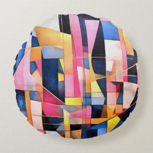 Rectangles and Triangles Geometric Abstract Round Cushion