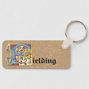Rectangular Blue and Red Ivy Illuminated Letter F  Key Ring
