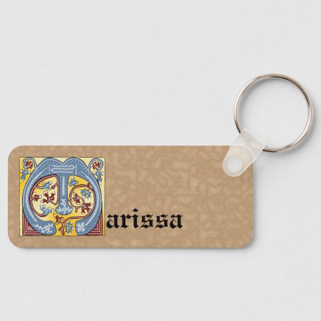Rectangular Blue and Red Ivy Illuminated Letter M Key Ring (Front)