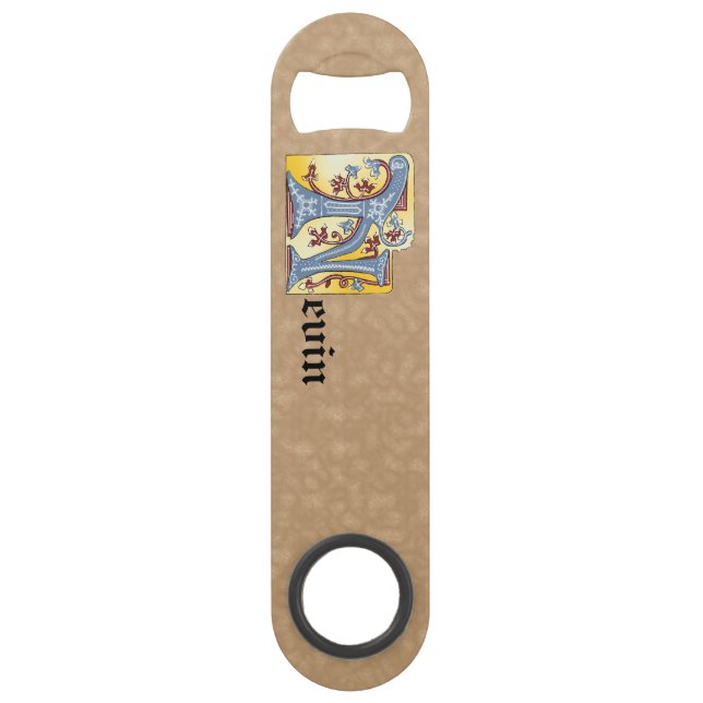 Rectangular Blue and Red Ivy Illuminated Letter N (Front)