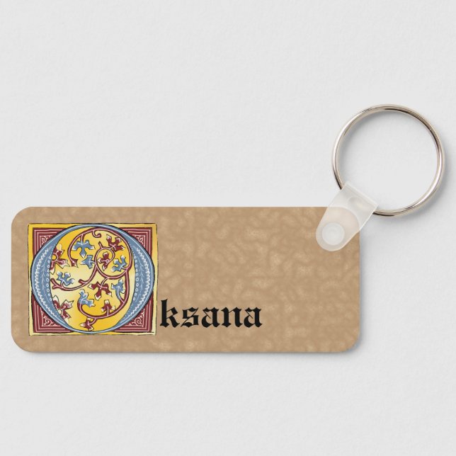 Rectangular Blue and Red Ivy Illuminated Letter O Key Ring (Front)