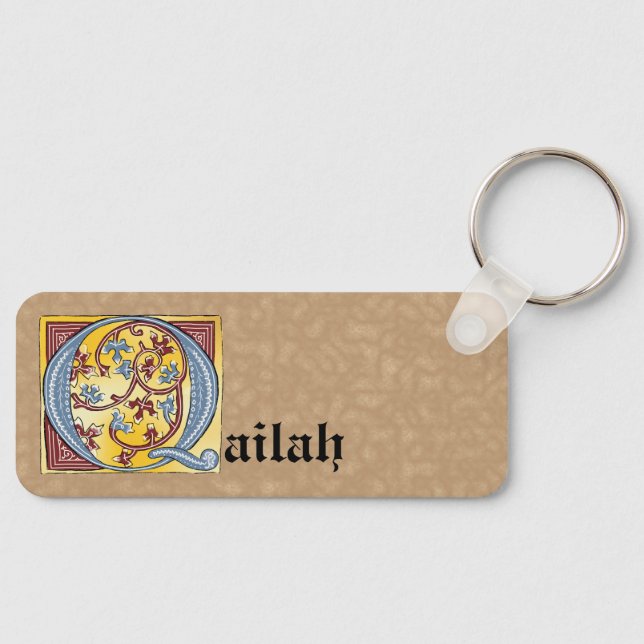 Rectangular Blue and Red Ivy Illuminated Letter Q Key Ring (Front)