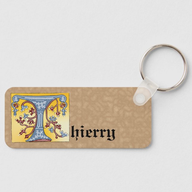 Rectangular Blue and Red Ivy Illuminated Letter T Key Ring (Front)