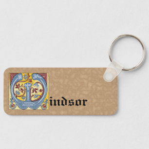 Rectangular Blue and Red Ivy Illuminated Letter W Key Ring
