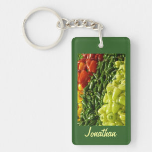 Rectangular Hot Peppers, Green, Name, Key Ring