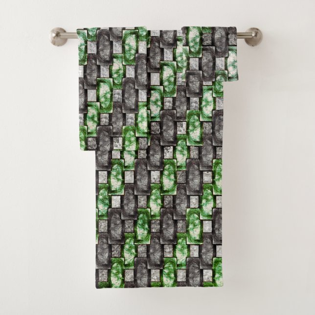 Rectangular pieces carved and stained, gray green bath towel set (Insitu)
