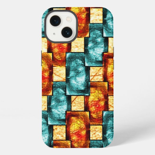 Rectangular plates carved and stained, cyan orange iPhone case (Back)