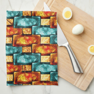 Rectangular plates carved and stained, orange cyan tea towel