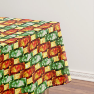 Rectangular plates carved and stained, red green tablecloth