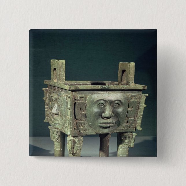 Rectangular 'ting' vessel with human faces 15 cm square badge (Front)