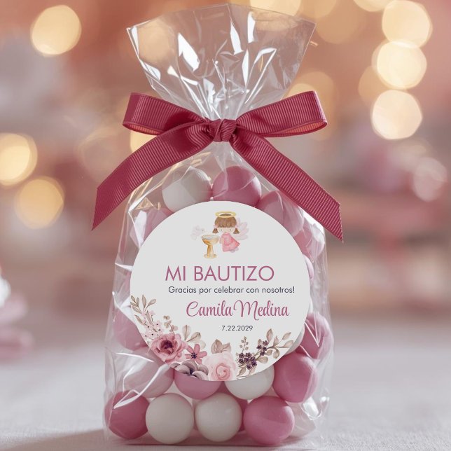 Recuerdos Bautizo Girl  Angel Baptism Favours Gift Classic Round Sticker (Creator Uploaded)