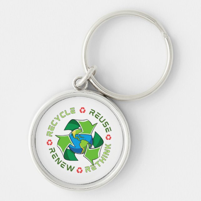 Recycle, Reuse, Renew, Rethink. Save Planet Earth Key Ring (Front)