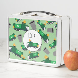Recycling Garbage Truck Pattern Boys Name Metal Lunch Box