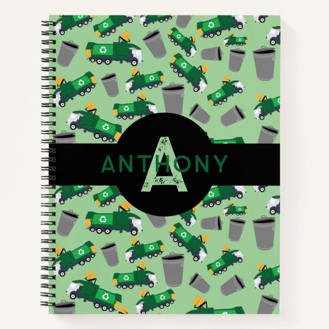 Recycling Garbage Trucks Pattern Kids Monogram Notebook (Front)