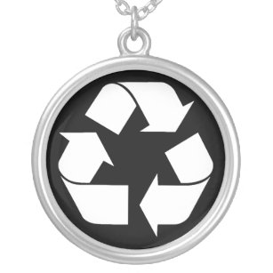 Recycling Symbol - White (For Black Backgrounds) Silver Plated Necklace