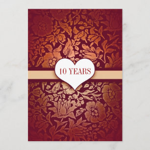 red 10 years wedding anniversary damask invitation