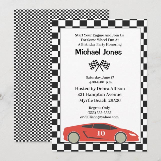 Red 10th Birthday Race Car Invitation (Front/Back)