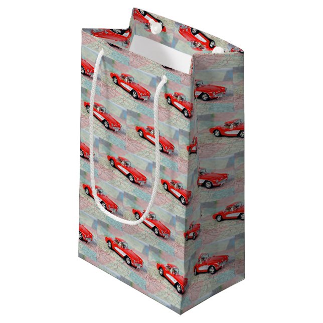 Red 1957 Corvette on Map Small Gift Bag (Front Angled)