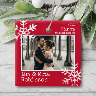 Red 1st Christmas Mr and Mrs Custom Photo Ceramic Ornament