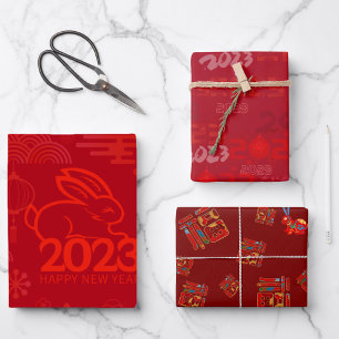 Red 2023 Lunar New Year Rabbit 福 Blessings Wrappin Wrapping Paper Sheet
