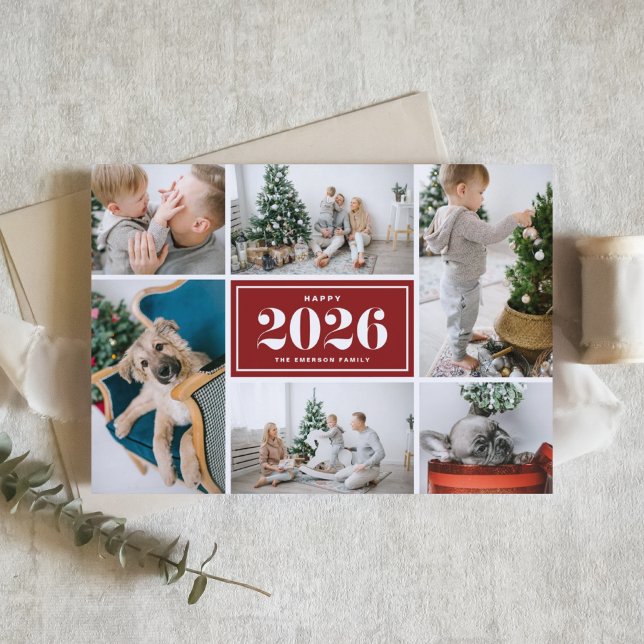 Red 2025 Happy New Year Photo Collage Holiday Card (Send 2026 new year cheer with this customizable red photo collage Happy New Year Card. )