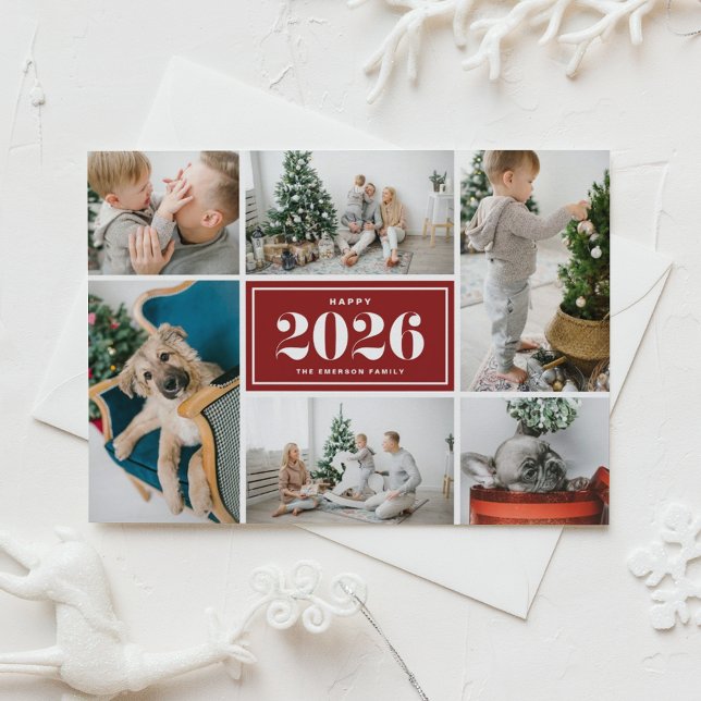 Red 2025 Happy New Year Photo Collage Holiday Card (Send 2026 new year cheer with this customizable red photo collage Happy New Year Card. )