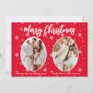 Red 2 Photo Snowflakes Cute Modern Merry Christmas Holiday Card