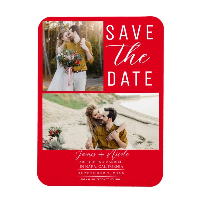 Red 2 Photos Save the Date Wedding Magnet (Vertical)