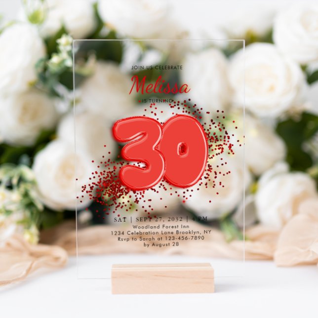 Red 30th Balloons Confetti Adult Birthday Acrylic Invitations (Creator Uploaded)