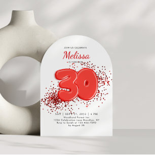 Red 30th Balloons Confetti Adult Birthday Arch Invitation