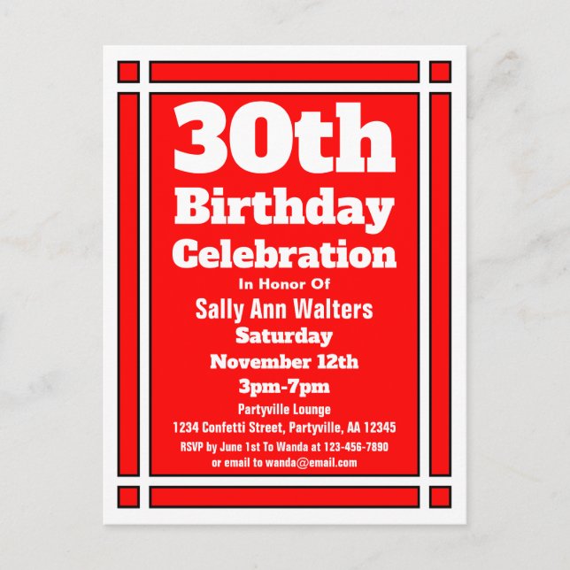 Red 30th Birthday Invitation Postcard (Front)