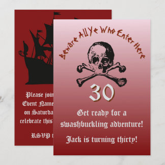 Red 30th Birthday Skull and Crossbones Pirate Ship Invitation