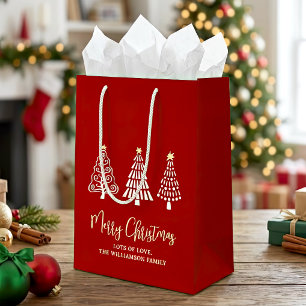 Red 3 Merry Christmas Trees Script Name Whimsical Medium Gift Bag