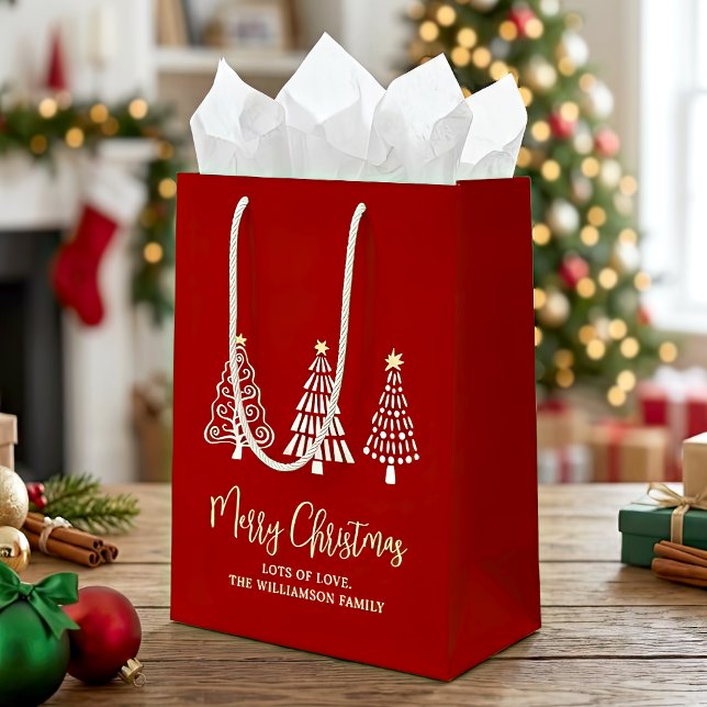 Red 3 Merry Christmas Trees Script Name Whimsical Medium Gift Bag (Creator Uploaded)